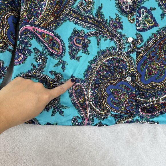 Talbots Button Up Shirt Women 2X Petite Blue Paisley Cotton Stretch Boho Classic - Picture 6 of 14